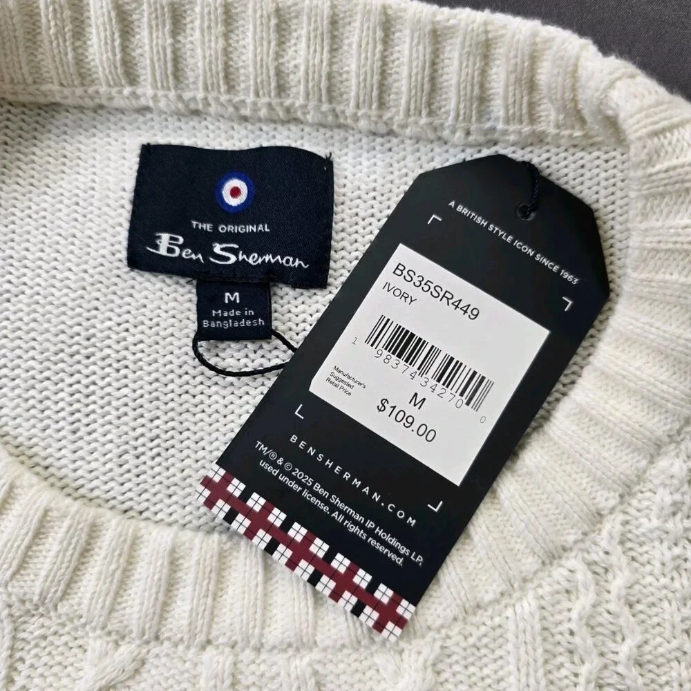 Ben Sherman Cable Knit Ivory Crew Neck Men's Sweater Size Medium